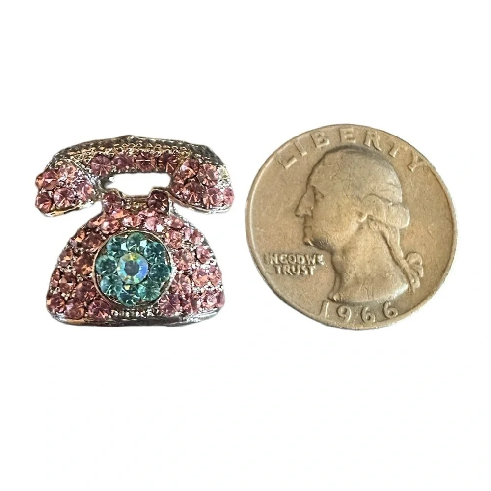 Retro Telephone Brooch Rhinestone Pink Pink Blue Rotary Dial Vintage Style Phone